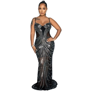 Elegant black mesh evening gown with silver rhinestones and sweetheart neckline