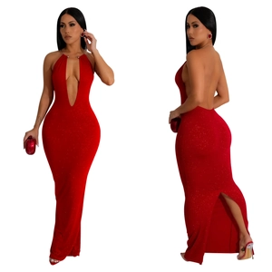 Detail of red backless maxi dress with sparkling fabric and deep V-neck mermaid silhouette
