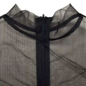 Detail view of the back zipper and high neck on a black sheer mesh dress for women