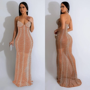 Sparkling mesh maxi dress with silver rhinestones and thin straps in champagne color