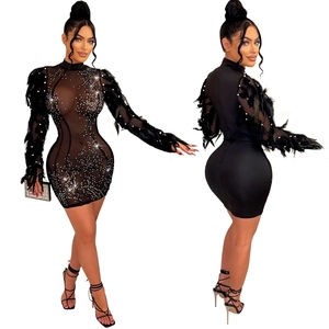 Robe courte moulante noire avec empiècements en résille, strass et manches à plumes