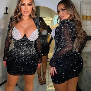 Robe Courte Moulante Sexy en Maille Noire pour Femme à Manches Longues avec Strass et Künstliche Perles Décor Contraste Soirée
