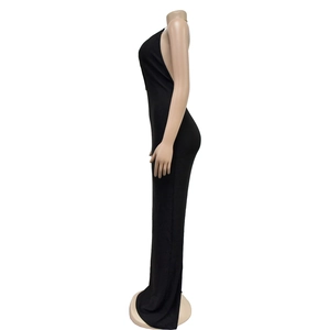 Detailed side view of black halter neck backless slim fit maxi dress for women