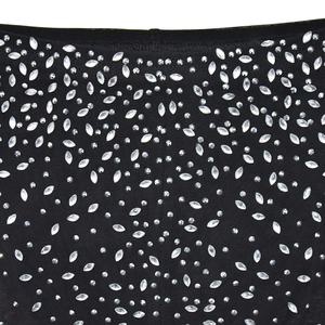 Detail of black mesh fabric with sparkling horse-eye and round rhinestones