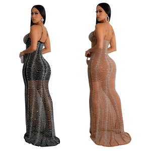 Elegant mesh maxi dress with sparkling rhinestones in black and nude for party wear