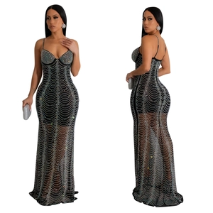Elegant black mesh evening dress with silver rhinestones and thin shoulder straps