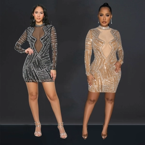 Robe Courte Sexy en Maille avec Strass pour Femmes Élégante Manches Longues Bodycon Party Club Robe à Paillettes Géométriques