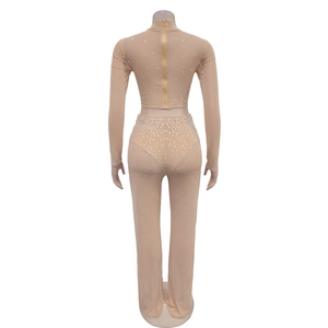 Close-up of mesh two-piece set featuring back zipper and sparkling rhinestone details