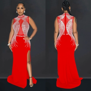 Red mesh slit evening dress with silver rhinestones, front and back view