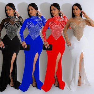 Elegant Women Mesh Rhinestone Split Maxi Dress Mock Neck Long Sleeve Slim Fit Evening Party Sparkly Dress