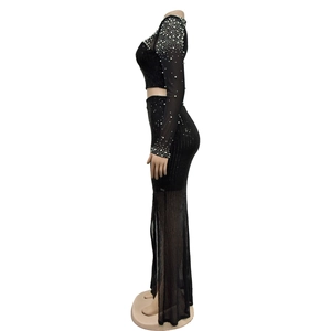 Detail of evening dress set featuring white pearls and sequins on black mesh long sleeves