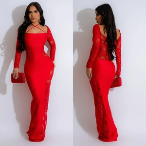 Elegante abito lungo rosso in pizzo senza schiena con collo a incrocio e maniche lunghe