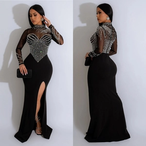 Elegant black slim-fit evening gown with mesh rhinestones and a high side slit