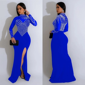Elegant royal blue long sleeve evening gown with pearl embellishments and high side slit