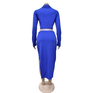 Vue arrière de l'ensemble bleu cobalt deux pièces avec haut court et jupe longue fendue