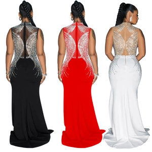 Elegant sleeveless fishtail evening gown with mesh sequin back in red, black, and white