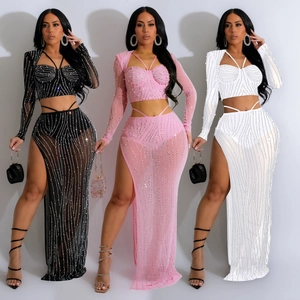 Ensemble Femme Strass Mesh Top And Bottom Élégant Sexy Crop Top Manches Longues Jupe Maxi Fente Latérale Soirée