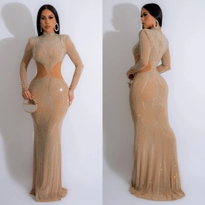Elegant champagne mesh evening dress with wave rhinestone pattern and side waist cutouts