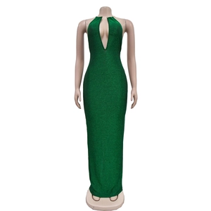 Detail of glitter dark green halter maxi dress with deep V-neck and cut-out back