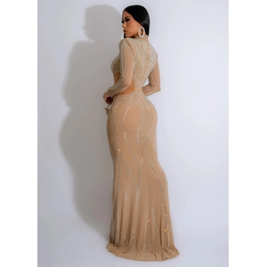 Detail of evening gown featuring sheer mesh fabric and sparkling rhinestone patterns