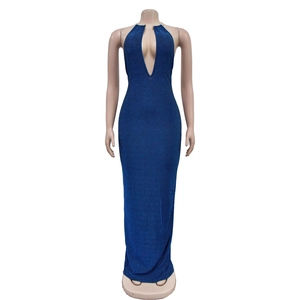 Detail of navy blue sequined fabric with deep V-neck cutout and backless halter design