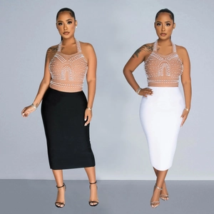 Elegante Abito da Donna con Scollo all'Americana in Rete e Künstliche Perle Schiena Scoperta Slim Fit Bodycon Midi Sexy Party Sera