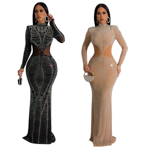 Detail of mesh side cutouts and sparkling rhinestones on black and nude evening dresses