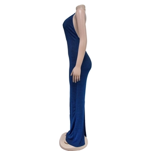 Macro detail of navy blue sequined long dress featuring a backless halter neck design