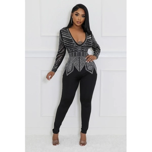 Women's chic V-neck long sleeve jumpsuit with sparkling rhinestones in black