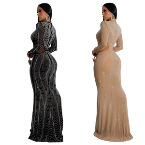 Elegant long sleeve mermaid dress with mesh rhinestones and cutout waist design