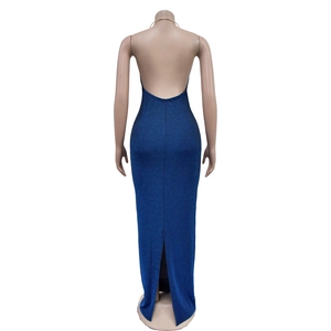 Detail of shimmer navy blue backless evening dress with halter neck and slit design