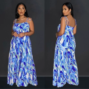 Women's abstract print wide-leg jumpsuit with pleated bodice and adjustable straps