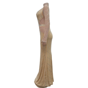 Close-up of sheer mesh evening gown featuring intricate silver sequins and side cut-outs