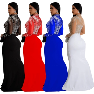 Elegant mesh evening gown with pearls and sequins in four available color variants