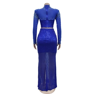 Detail of royal blue mesh dress with hand-sewn pearls, sequins and sheer fishtail skirt