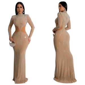 Detailed view of the mesh dress with silver rhinestones and waist cut-outs
