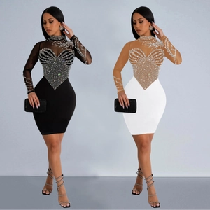 Elegant Women Mesh Rhinestone Bodycon Dress High Neck Long Sleeve Mini Party Club Dress Solid Color Slim Fit Celebrity Gown