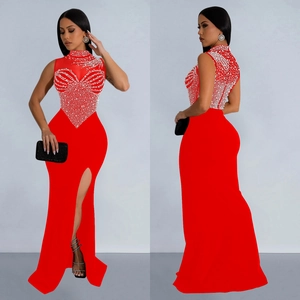 Elegant red sleeveless evening gown with sheer mesh sequins and high slit detail