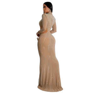 Detail of sheer mesh dress featuring wave-patterned rhinestones and backless cutout design