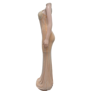 Detailed side view of champagne mesh evening dress with glittering rhinestone patterns