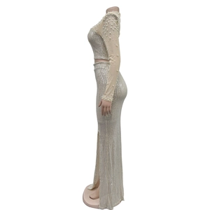 Detail view of mesh crop top with silver sequins, pearls and high waist long skirt set