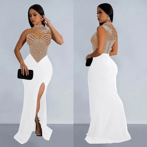 Elegant white sleeveless mesh evening dress with rhinestone pearls and high slit