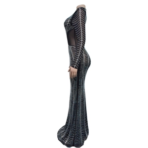 Detailed view of black mesh dress with silver rhinestones and sheer side paneling