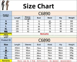 Size chart for mesh rhinestones long sleeve dress including S-XXL measurements