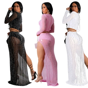 Ensemble 2 pièces en maille avec strass brillants, disponible en noir, rose et blanc