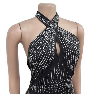 Détail de la combinaison licou noire avec motifs strass et découpe goutte d'eau