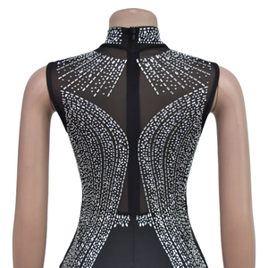 Detailed view of the back zipper and sparkling silver rhinestones on a mesh dress