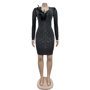 Detail of elegant black bodycon dress featuring feather trim neckline and rhinestone decor