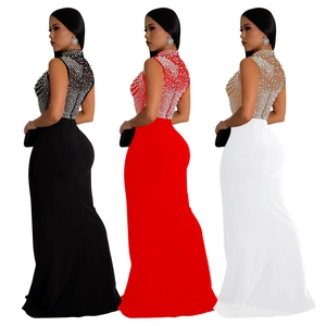 Elegant sleeveless mesh evening gown with rhinestones and mermaid hem in three colors
