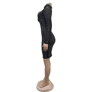 Detail of a black bodycon dress featuring rhinestone embellishments and feather patchwork
